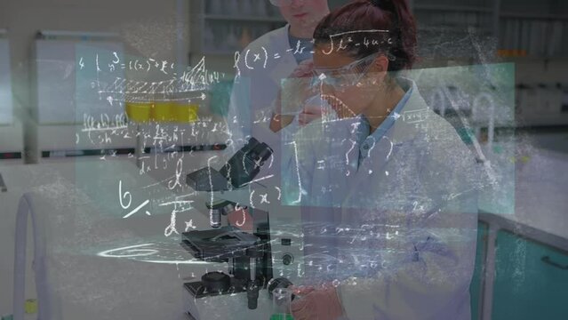 Animation of mathematical equations over diverse scientist in lab cityscape