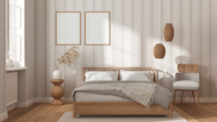 Fototapeta na wymiar Blurred background, scandinavian wooden bedroom, frame mockup, double bed with pillows, duvet and blanket, striped wallpaper, carpet, table and armchair. Modern interior design