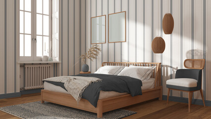 Scandinavian wooden bedroom in white and gray tones, frame mockup, double bed with pillows, duvet...