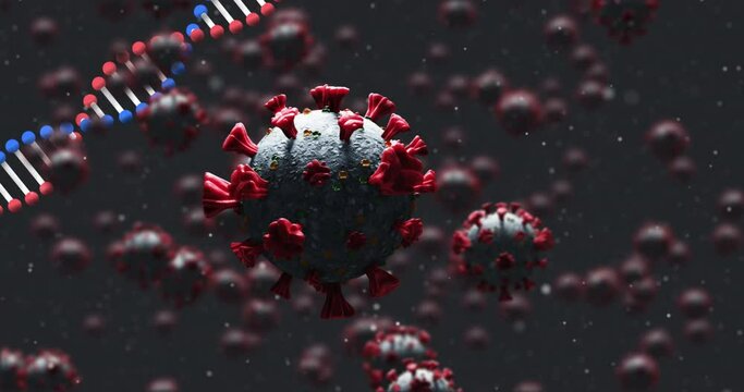 Animation of dna strand spinning over covid 19 cells falling ondark background