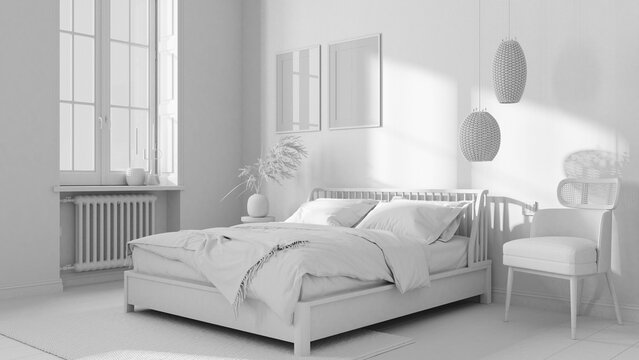 Total white project draft, scandinavian wooden bedroom, frame mockup, double bed with pillows, duvet and blanket, striped wallpaper, carpet, parquet and window. Modern interior design