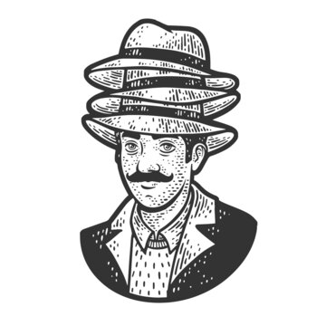 man in three hats sketch engraving raster illustration. T-shirt apparel print design. Scratch board imitation. Black and white hand drawn image.