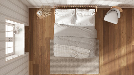 Scandinavian wooden bedroom in white and beige tones, double bed with pillows, duvet and blanket, striped wallpaper, window and parquet. Top view, plan, above. Modern interior design