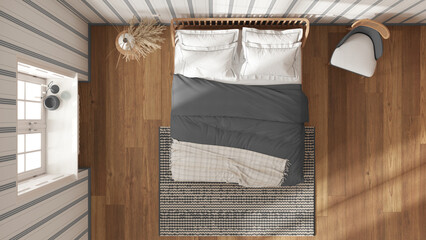 Scandinavian wooden bedroom in white and gray tones, double bed with pillows, duvet and blanket, striped wallpaper, window and parquet. Top view, plan, above. Modern interior design © ArchiVIZ