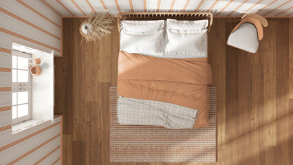Scandinavian wooden bedroom in white and orange tones, double bed with pillows, duvet and blanket, striped wallpaper, window and parquet. Top view, plan, above. Modern interior design