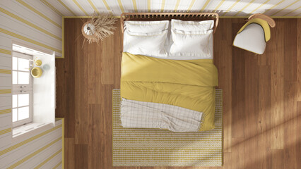 Obraz na płótnie Canvas Scandinavian wooden bedroom in white and yellow tones, double bed with pillows, duvet and blanket, striped wallpaper, window and parquet. Top view, plan, above. Modern interior design