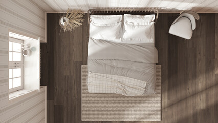 Scandinavian wooden bedroom in white and dark tones, double bed with pillows, duvet and blanket, striped wallpaper, window and parquet. Top view, plan, above. Modern interior design