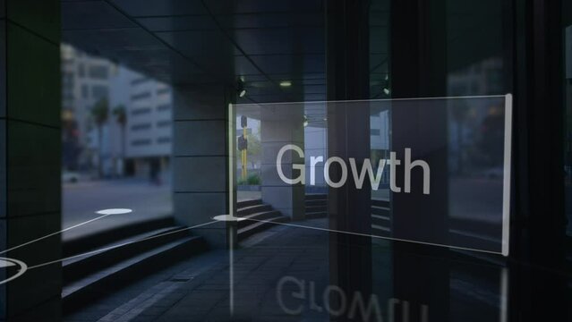 Animation of network of connections and growth text over cityscape