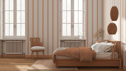 Scandinavian wooden bedroom in white and orange tones, double bed, pillows, duvet and blanket, striped wallpaper, windows with radiators, parquet. Side view, modern interior design