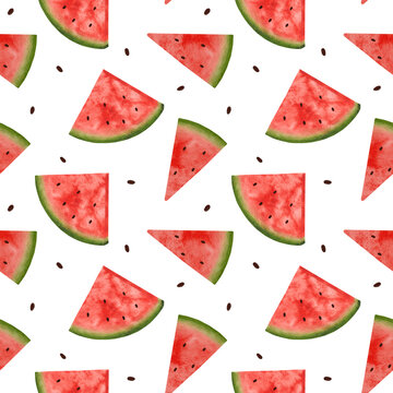 Bright watercolor seamless pattern with slices of watermelon. Hand drawing