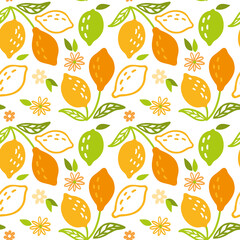 Lemons and flowers, summer print. Seamless pattern for fabric, wrapping, textile, wallpaper, clothes. Vector.