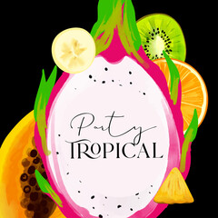 Tropical fruit frame illustration with text tropical party
