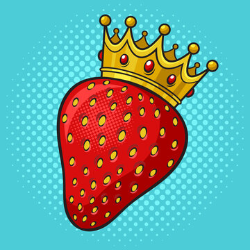 strawberry with royal crown pop art retro raster illustration. Comic book style imitation.