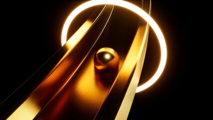 Rolling Gold Ball on the Metal Rail 3D Rendering