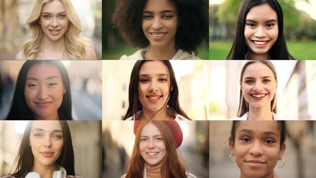 Collage of multi-ethnic diverse women looking at the camera. Beautiful women of ethnicity, beauty and hair style smiling together.