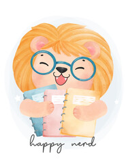 cute watercolor happy kid lion wear eyeglasses and hug book, back to school cartoon animal watercolor vector