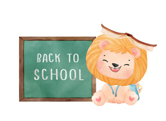 cute watercolor kid lion with book, backpack and chalkboard cartoon animal watercolor vector