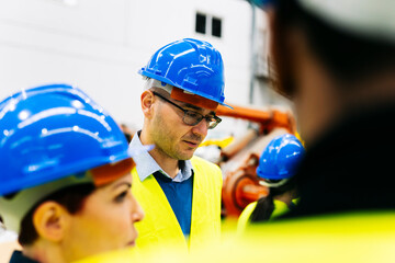 group of engineering workers in robotics factory discussing - focus on caucasian man -