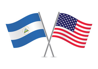 The Republic of Nicaragua and America crossed flags. Nicaraguan and American flags on white background. Vector icon set. Vector illustration.