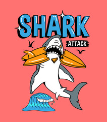 A shark biting the surfboard. Vector illustration for t-shirt prints, posters and other uses.