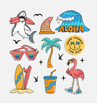 Surfing theme patches, badges, stickers. Vector illustrations of sharks, surfboards, waves, sunglasses, a palm tree and a flamingo.