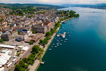 Aerial view of Lake Zürich and Uto Quay with opera house at City of Zürich on a sunny spring day....