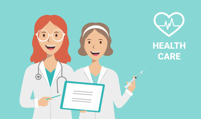 Female nurse and doctor on a blue background, vector flat illustration. The doctor is conducting a medical examination. Medical care, health care concept
