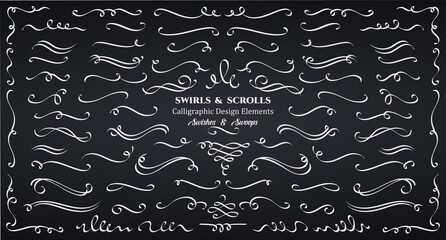Swirls or scrolls, vintage flourishes, stroke and curls white on black. Calligraphic line, wedding dividers text and calligraphy ornament ink vector design elements. Swishes, swashes or swoops.