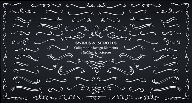 Swirls or scrolls, vintage flourishes, stroke and curls white on black. Calligraphic line, wedding dividers text and calligraphy ornament ink vector design elements. Swishes, swashes or swoops.