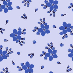 Purple flowers on blue background. Seamless vector floral pattern