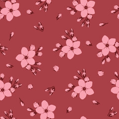 Fototapeta na wymiar Pink flowers on red background. Seamless vector floral pattern
