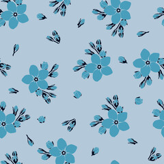 Blue flowers on pink background. Seamless vector floral pattern