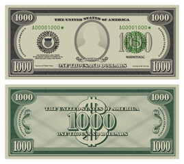 One thousand dollars banknote. Gray obverse and green reverse fictional US paper money in style of vintage american cash. Frame with guilloche mesh and bank seals. Cleveland