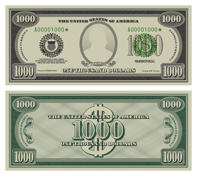 One thousand dollars banknote. Gray obverse and green reverse fictional US paper money in style of vintage american cash. Frame with guilloche mesh and bank seals. Cleveland