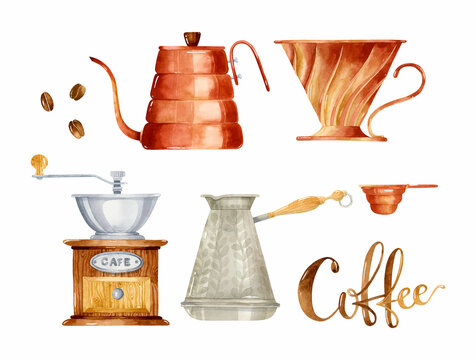 Watercolor coffee equipment, dripper, grinder, Turkish cezve and lettering