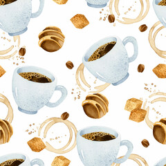 Espresso cup with chocolates and coffee beans watercolor seamless pattern	
