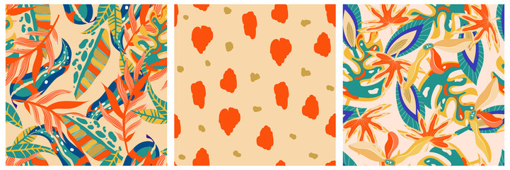 Aesthetic boho jungle seamless pattern set for print design. Boho botanical collection tropic floral background. Modern exotic floral jungle pattern. Geometric texture. Print design