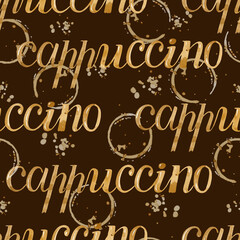 Cappuccino lettering on coffee stains watercolor seamless pattern on dark background
