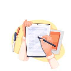 Planner hands controlling work as planned with tablet vector illustration. Manager planning in office colourful picture in cartoon style, isolated