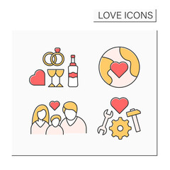 Love color icons set. Wedding ceremony, international love and peace, family and relationship fixing. Relationship concept. Isolated vector illustrations