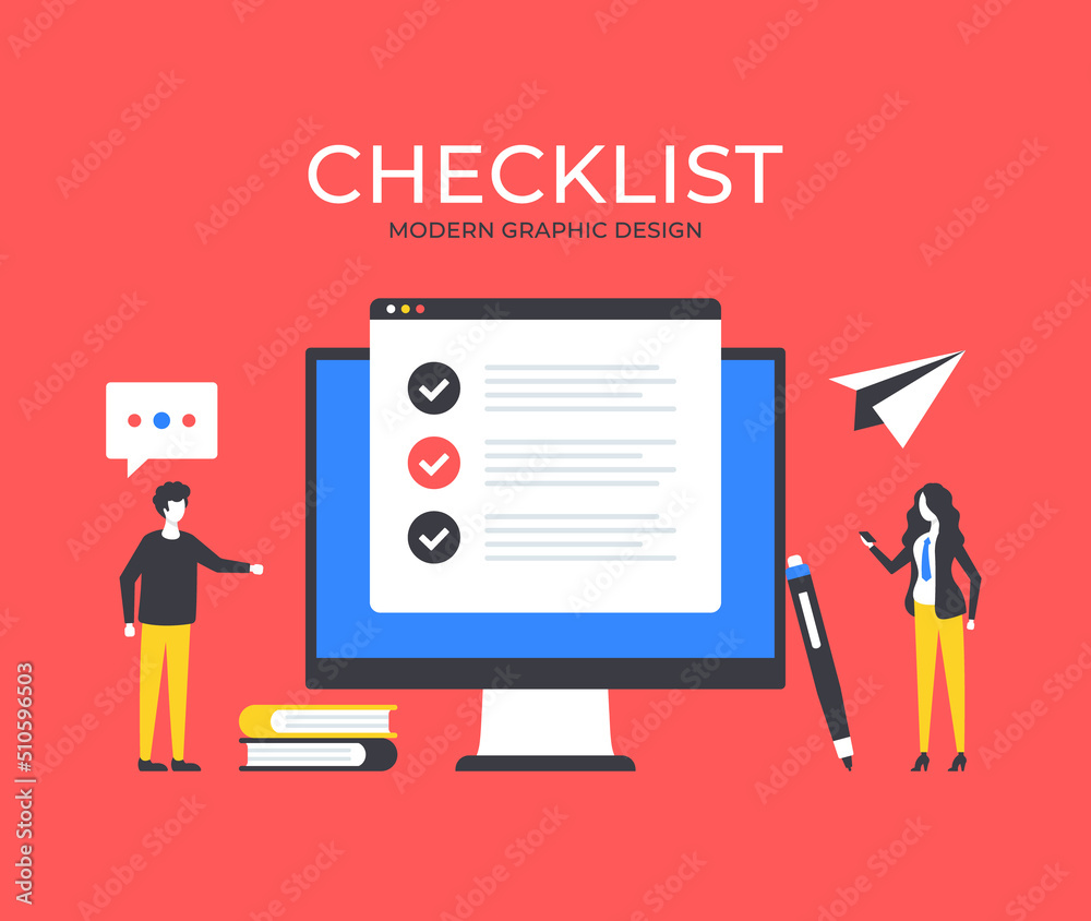 Poster checklist. people and computer with web browser window and checklist. business concept. modern graph