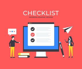 Checklist. People and computer with web browser window and checklist. Business concept. Modern graphic elements set. Vector illustration