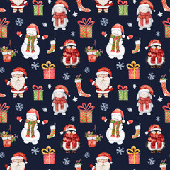 Watercolor Christmas pattern with Santa Claus, snowman, rabbit and other christmas elements isolated on dark blue background.