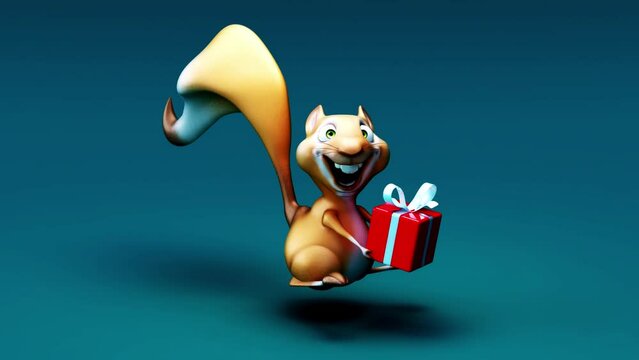 4K fun 3D cartoon squirrel with a gift