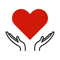 Heart in hand vector icon. Illustration of hand holding heart isolated on white background. Medicine icon. Symbol of kindness and charity. Vector web design