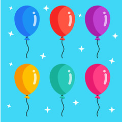 Balloon in cartoon style. Bunch of balloons for birthday and party. Flying ballon with rope. Blue, red and yellow ball isolated on white background. Flat icon for celebrate and carnival. Vector.