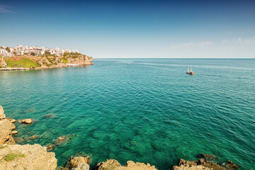 Obraz premium Lara district of a resort town of Antalya, Turkey situated on a high cliff. Vacation and coastline concept