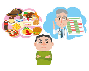 健康のために食べるのをがまんする男性