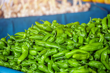Green rustical pepper for sale at local farmers market. Agriculture buisiness and harvest concept. Tasty and healthy product