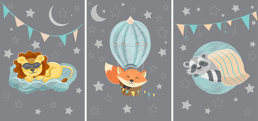 A set of three illustrations with cute sleeping animals. Lion, fox and raccoon in cartoon style for decoration of nursery or other children spaces.